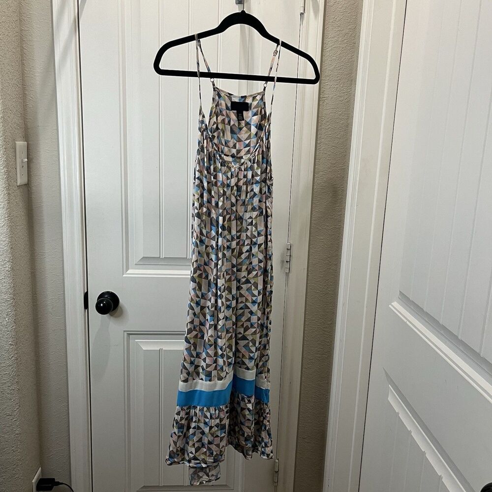 Room Service Blue Geometric Strappy Midi Dress Rayon Womens Size M Beachy